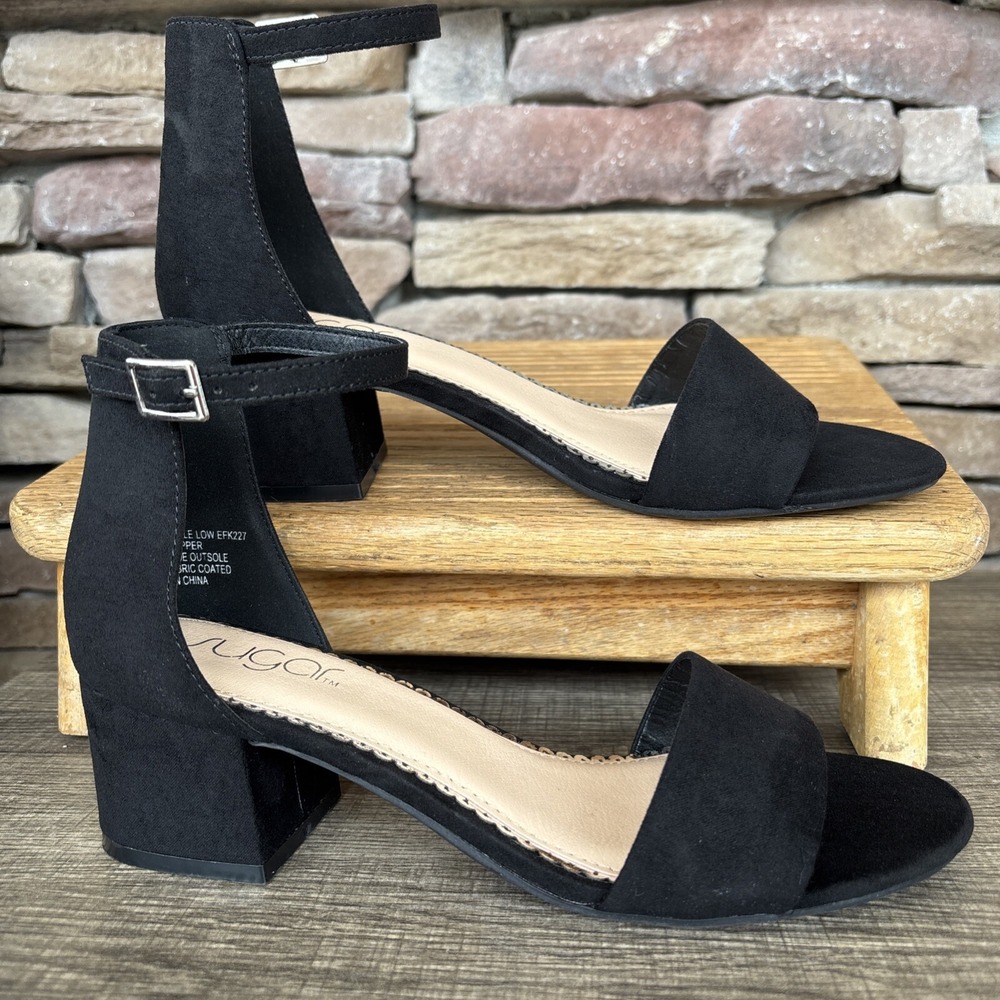SUGAR Women BlackSuede Noelle Low Open Toe Block Heel Buckle Dress Sandals 7.5 M